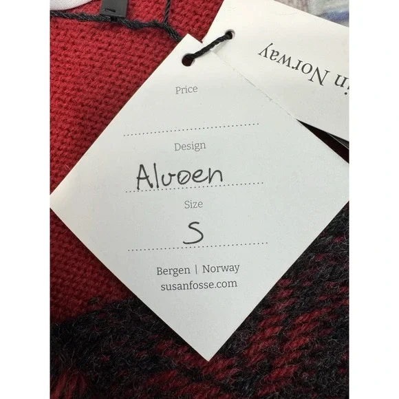 New Susan Fosse Cardigan Aluoen Norway Wool Full Zip Sweater Red Black Small